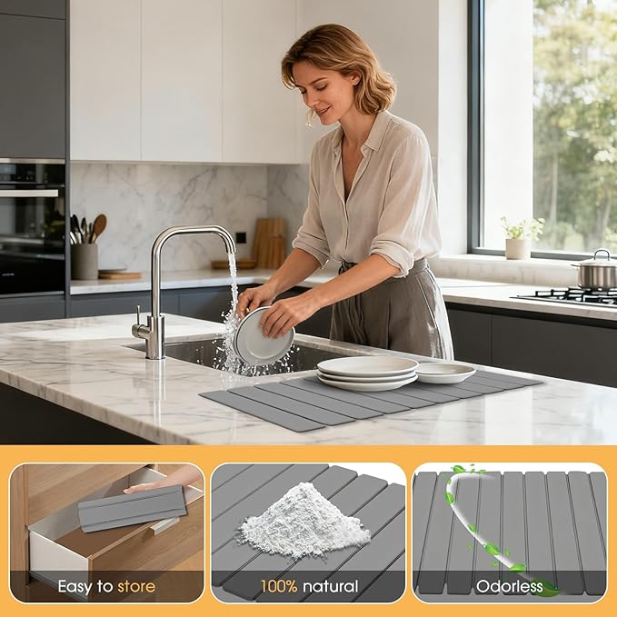 Large Stone Dish Drying Mat for Kitchen Counter 24×16 Collapsible Quick Dry Stone Mat Kitchen Non-Slip Ultra Absorbent Diatomaceous Earth Mats For Any Kitchen CounterBowl Plate Cup Dishes