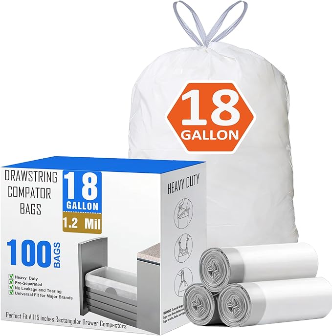 18 Gallon Drawstring Compactor Kitchen Trash Bags 100 Count 1.2 Mil Heavy Duty Garbage Bags Fit for 18 Gallon &amp Most Kitchen Compactors | Compatible with Kitchenaid Whirpool GE 15 Inch Compactor