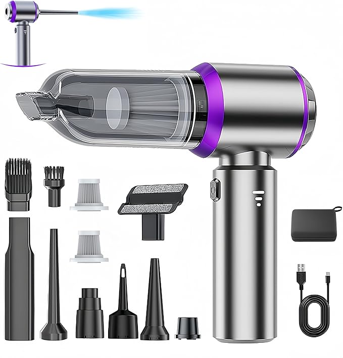Handheld Car Vacuum Cleaner 21000PA Rechargeable High Power Cordless Mini Vacuum Cleaner and Blower 4-in-1 with 3 Gear Vacuum with Brushless Motor for Car Home Office PC
