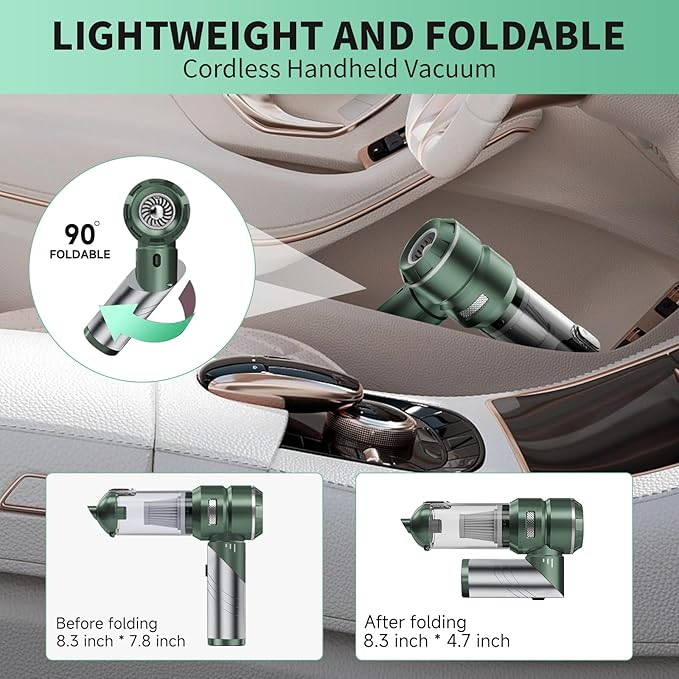 Car Vacuum Portable Cordless 22000PA High Power Handheld Mini Vacuum Cleaner Rechargeable Foldable with Brushless Motor Air Blower Duster Pump for Car Home Office Pet (Grayish Green)