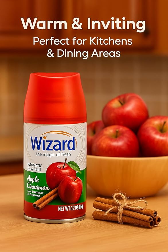 Wizard Automatic Spray Refill – Apple Cinnamon 5 oz (12 Pack) | Compatible with Air Wick Freshmatic &amp Glade Dispensers | Long Lasting Odor Neutralizer for Home &amp Office
