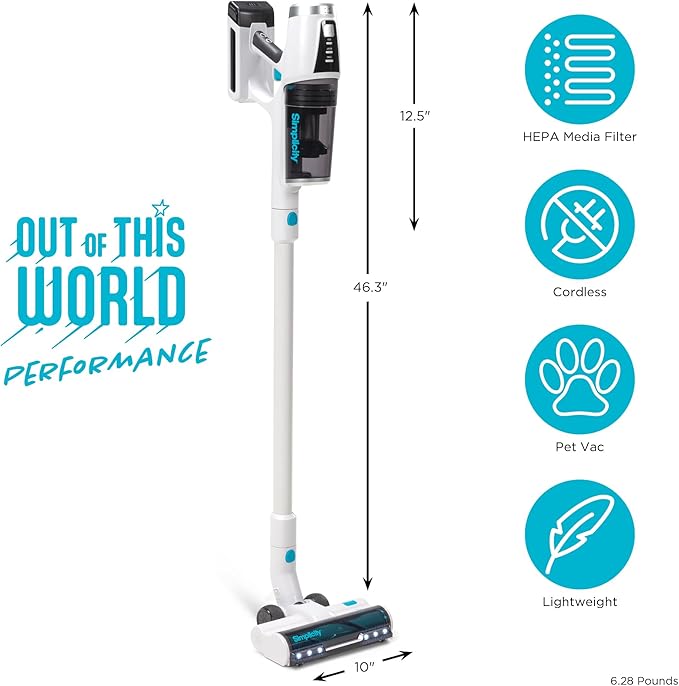 Simplicity Vacuums S67 Pet Bundle Cordless Stick Vacuum Cleaner and Motorized Pets Upholstery Tool Tackle Dog Hair and More on Hard Floor Rugs Couch and Stairs 3 Speed Power Light Weight Vacuum