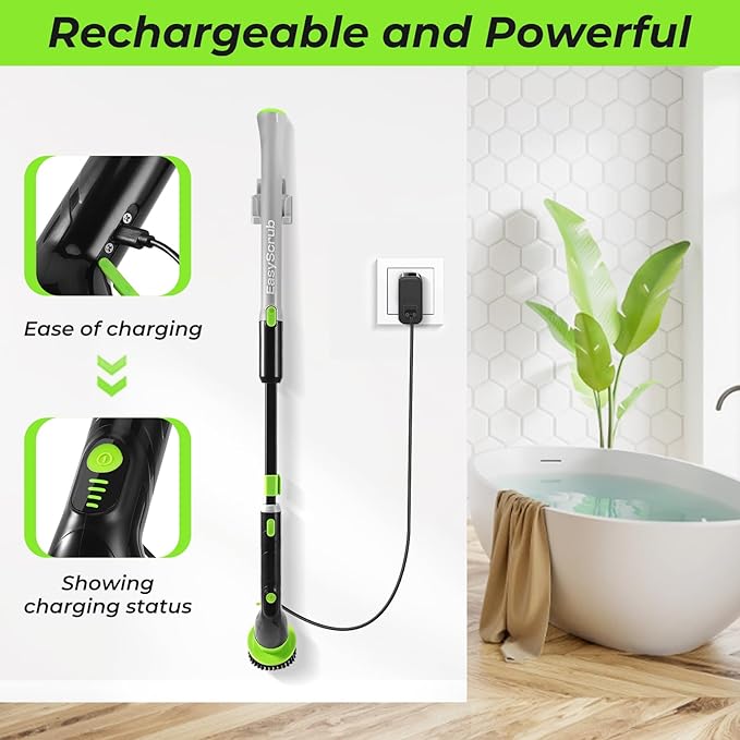 EasyScrub Cordless Electric Spin Scrubber - Powerful 350 RPM Cleaning with 4 Replaceable Heads Adjustable Extension Handle IPX7 Waterproof Ideal for Shower Tiles Tubs and Grout