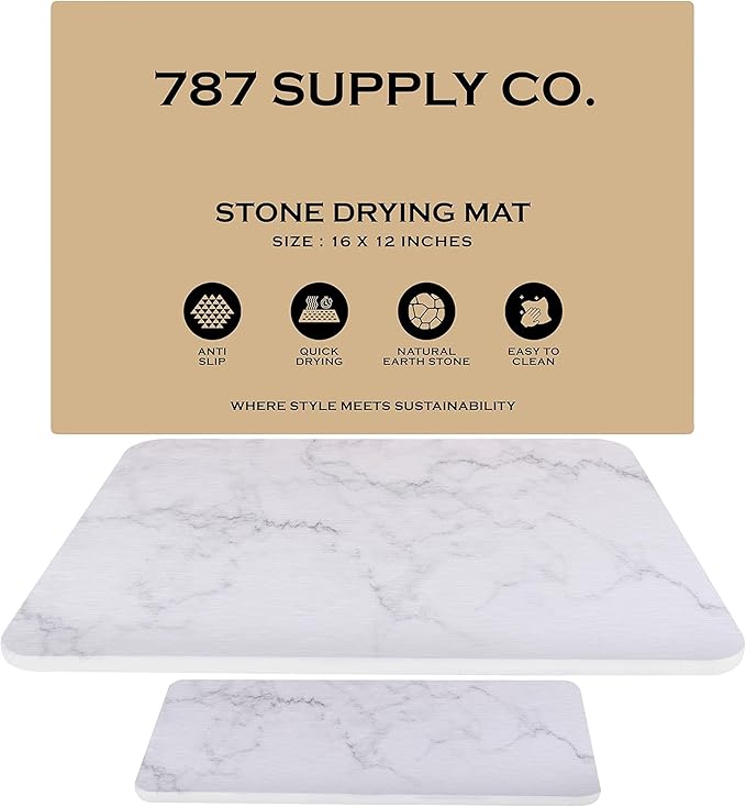 J.B Large Stone Drying Mat for Kitchen Counter - Quick Dry Stone Mat with Sink Caddy Ultra Absorbent Dish Drying Stone for Kitchen Counter and Bathrooms 16 x 12 Inch (Light Gray/White Marble Finish)