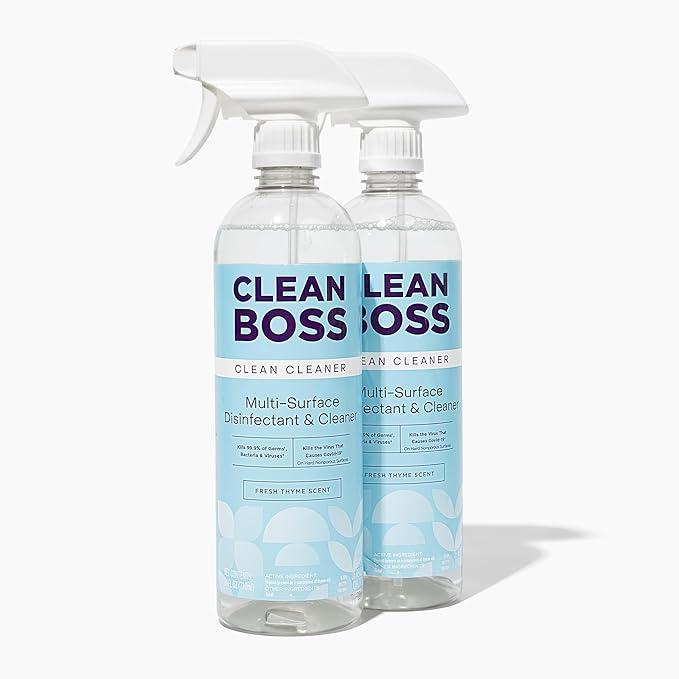 CleanBoss Botanical Disinfectant - 24 oz (Pack of 2) - Multi-Surface Cleaner - Kills 99.9% of Germs + Cold &amp Flu Viruses - Fresh Thyme Scent - No Rinse on Food Contact Surfaces - Pet Friendly