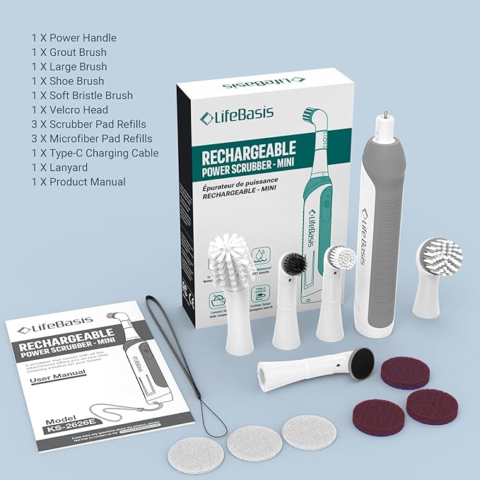 LifeBasis Rechargeable Power Scrubber Cordless Electric Cleaning Brush Water Resistant Small Electric Grout Brush with 5 Brushes for Home/Kitchen/Bathroom/Grout/Tile/Shower/Tub White