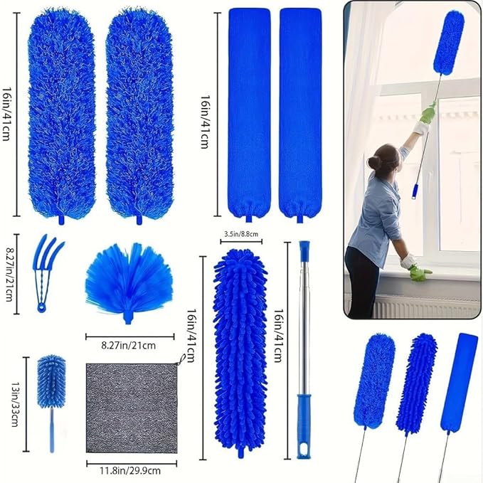 6pcs Telescopic Duster Set Extendable to 213cm Microfibre Mop with Hook High Ceilings and Cobwebs Washable Cleaning Brush Kit Blue