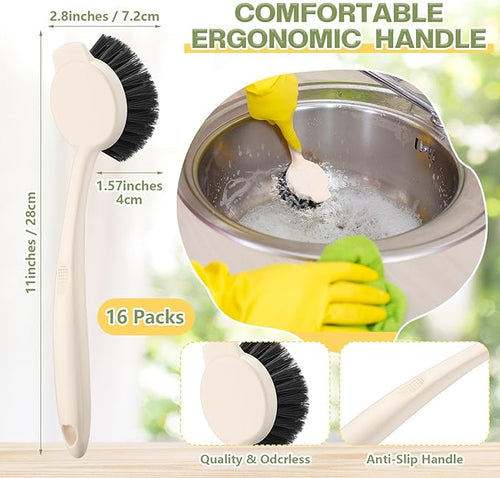 16 Pack Dish Brush with Handle Dish Scrubber Brush with Built-in Scraper Kitchen Scrub with Stiff Bristles Long Scrubber for Home Restaurant Pot Sink Washing Cleaning Supplies Beige