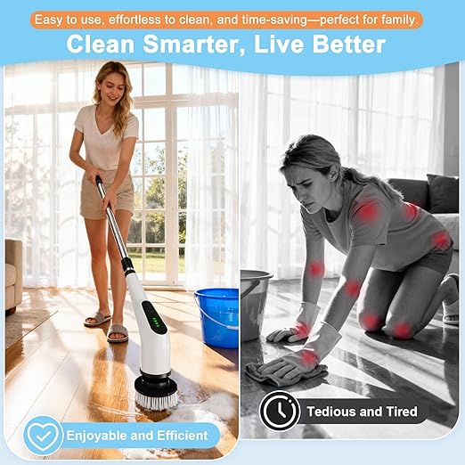Electric Spin Scrubber Cordless Cleaning Brush with 8 Replaceable Brush Heads Shower Scrubber with Adjustable Extension Handle Waterproof Power Scrubber for Bathroom Tile Floor Tub Car Walls