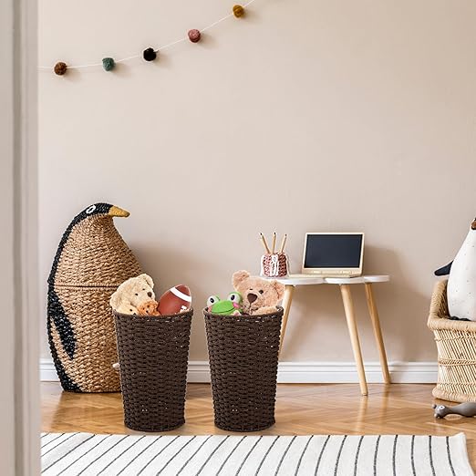 Bekith 2 Pack Small Wicker Waste Paper Basket Woven Basket Trash Can Wastebasket Decorative Round Garbage Container Bin for Bedroom Bathroom Home Offices Laundry Brown