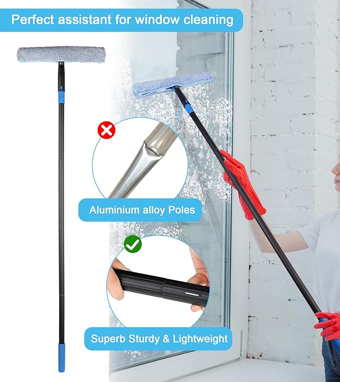 Window Cleaning Kit with Storage Bucket Window Squeegee with 4.13ft Extension Pole Scrubber Spray BottleDuster Cloth Squeegee with Rotating Head Professional Window Cleaning Tools