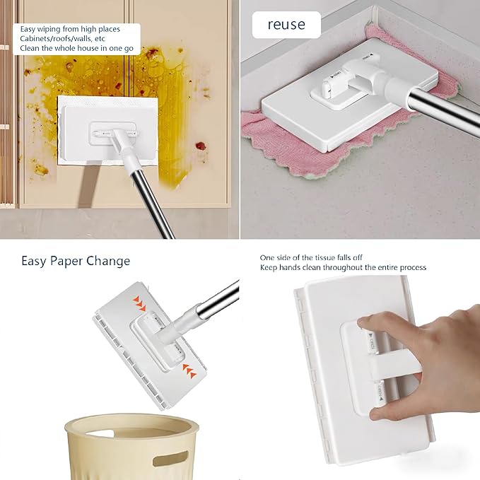 Quick-Grip Mini Mop Touch-Free Cloth Change 20 Reusable Cloths Included 37/70/100/133/165 cm Telescopic Gap Dust Cleaning Duster Flat Mop with Locking Head