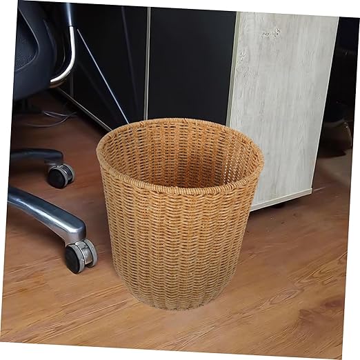 Imitation Rattan Woven Trash Can Medium Size Household Wastebasket Stylish Storage Basket for Home Office and Bathroom
