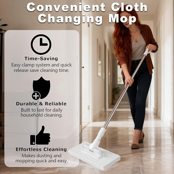 2 PCS Snap Grip Mini Mop Set with 36in Handle &amp 10 PCS Reusable Cloths Convenient Cloth Changing Mini Mop Automatic Gripping or Releasing 360° Rotating Head for Wet &amp Dry Cleaning Corners