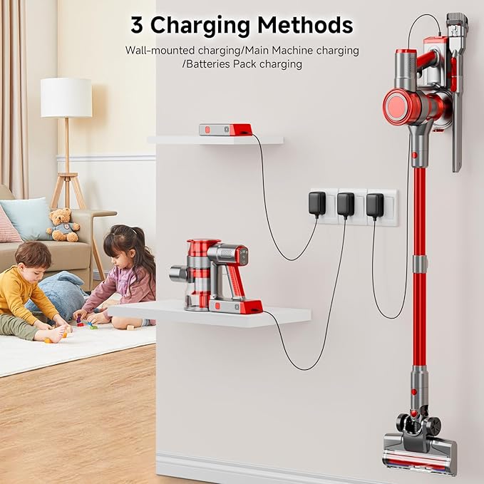 Cordless Vacuum Cleaner 35Kpa Vacuum Cleaner for Home 45Mins Stick Vacuum with LED Display Anti-Tangle &amp Wall Mount Charging 6 in 1 Lightweight Vacuum for Hard Floors Carpet Pet Hair (red)