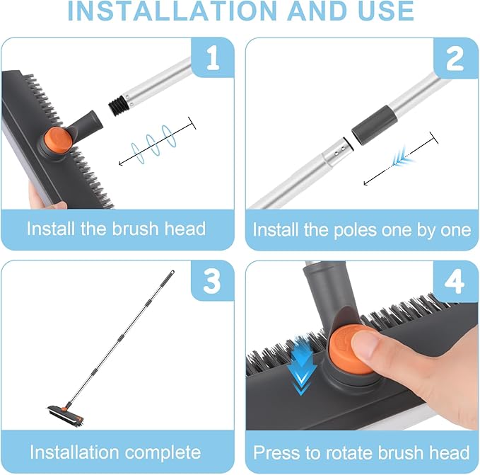 Floor Scrub V Brush with Long Handle 4 in 1 Silicone Scrape and Stiff Bristle Scrubber 360° Cleaning Brush with Tweezers for Shower Bathroom Patio Garage Kitchen Wall and Deck