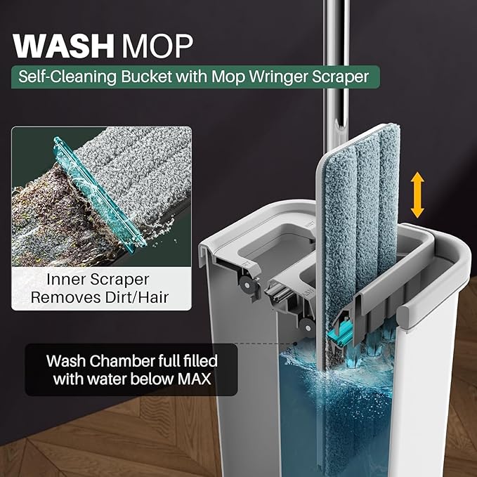 JOYMOOP Mop and Bucket Set with Floor Cleaner PodsFlat Mop and Bucket System with 3 Reusable Microfiber Mop PadsFreesia Scent Mop Soap Pack of 15 for Floor Cleaning