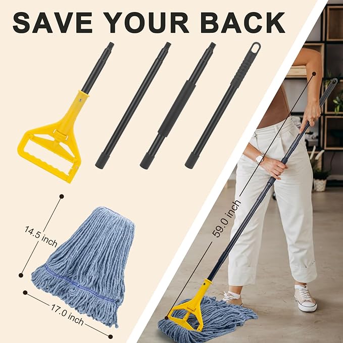 Commercial Industrial Mop with 3 Extra Large Reusable Replacement Head59 Long Handle Heavy Duty Wet MopsLooped-End String Cotton Mop for Floor CleaningHouseKitchenOfficeGarageTile(Yellow)