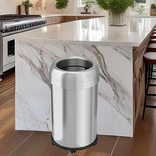 iTouchless 13 Gallon Open Top Kitchen Trash Can Recycling Bin with Wheels and Double Odor Filters Round Commercial Stainless Steel 50 Liter Trashcan for Home Office Work Bedroom Livingroom Garage