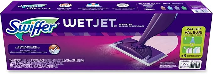 Swiffer Wet Jet Mop Floor Cleaner for Mopping Wood Laminate Tile in Home Bathroom Kitchen All Purpose Multi-Surface Cleaning Set includes 1 Spray Mop 5 Pads Refill 1 Fresh Scent Solution