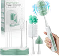 Momcozy 7 in 1 Electric Bottle Brush Kit Portable Cleaning Set with Formula Mixer Silicone Brush Nipple Brush Straw Brush Soap Dispenser Drying Rack - Long Battery Life for Home &amp Travel