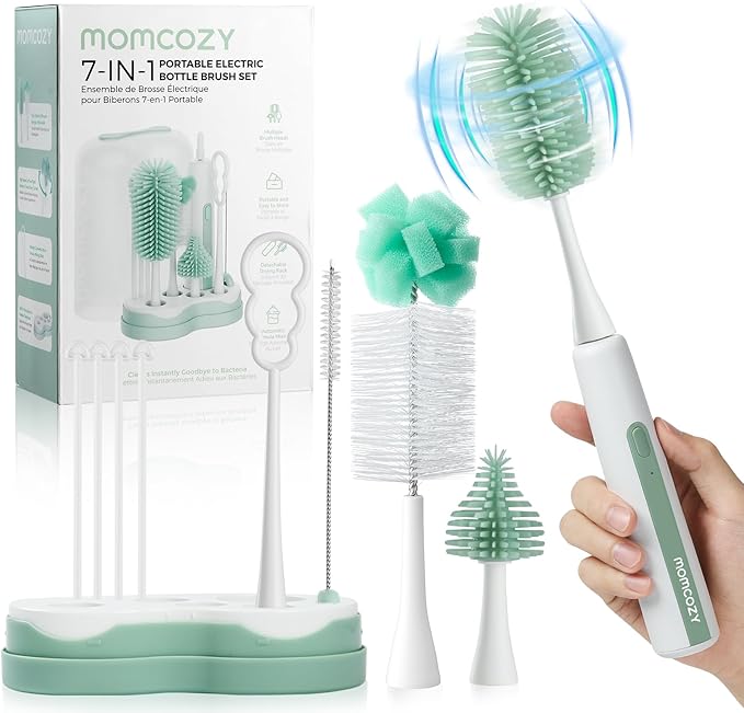 Momcozy 7 in 1 Electric Bottle Brush Kit Portable Cleaning Set with Formula Mixer Silicone Brush Nipple Brush Straw Brush Soap Dispenser Drying Rack - Long Battery Life for Home &amp Travel