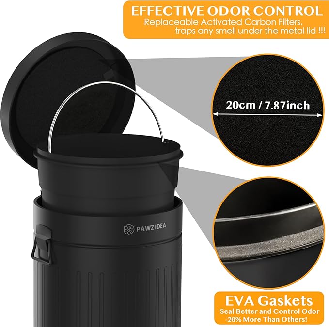 PAWZIDEA Dog Poop Trash Can Outside Odor Control 3.1 Gallon Outdoor Trash Can with Lid Waterproof Pet Waste Disposal Container Small Poop Bin Step Garbage Can 7.8in Activated Carbon Filter Black