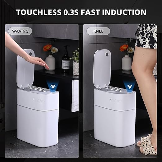 MOPALL Small Bathroom Trash Cans with LidsMotion Sensor Bathroom Trash CanNarrow Waterproof Plastic 3.5 Gallon Automatic Adsorption Touchless Garbage CanWhite