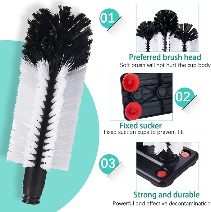 Havawish 2 Pack Water Bottle Cleaning Brush with Suction Base 3 Head Bristle Bar Glass Washer for Sink Cup Washer Brush Cleaner for Bar Beer Cup Wine Glass Long Leg Cup Kitchen Tools