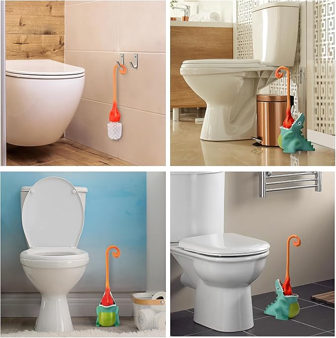 Creative Dinosaur Toilet Brush Toilet Bowl Brush and Holder Flexible Toilet Bowl Brush Head Bathroom DinosaurToilet Bowl Brush for Deeply CleaningCute Bathroom Accessories (Green)