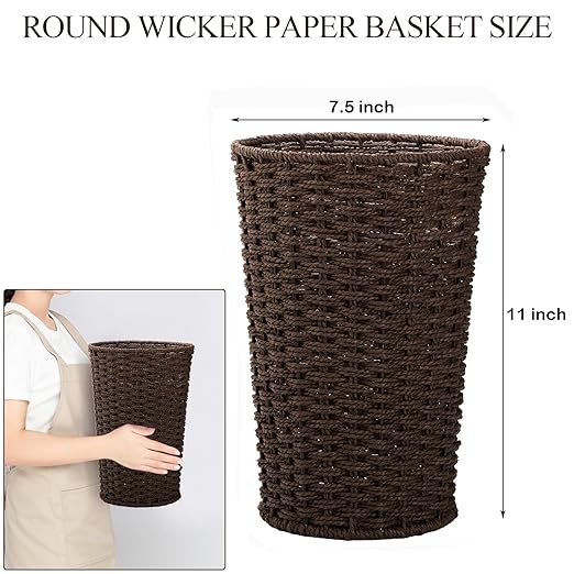 Bekith 2 Pack Small Wicker Waste Paper Basket Woven Basket Trash Can Wastebasket Decorative Round Garbage Container Bin for Bedroom Bathroom Home Offices Laundry Brown