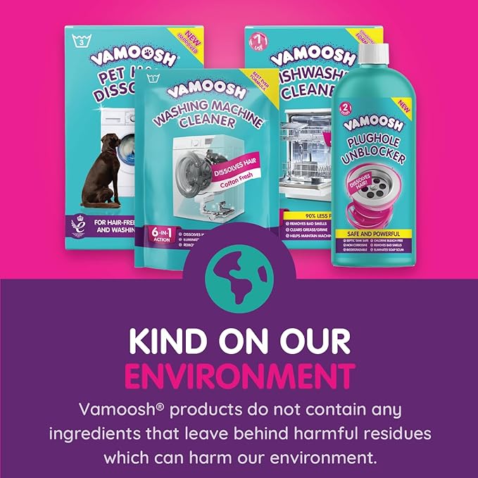 Vamoosh Drain Clog Remover | Dissolves Hair | Bleach-Free Shower &amp Sink Drain Cleaner | Septic Tank Safe | Fast-Acting | Safe &amp Powerful | 20fl oz (Pack of 6)