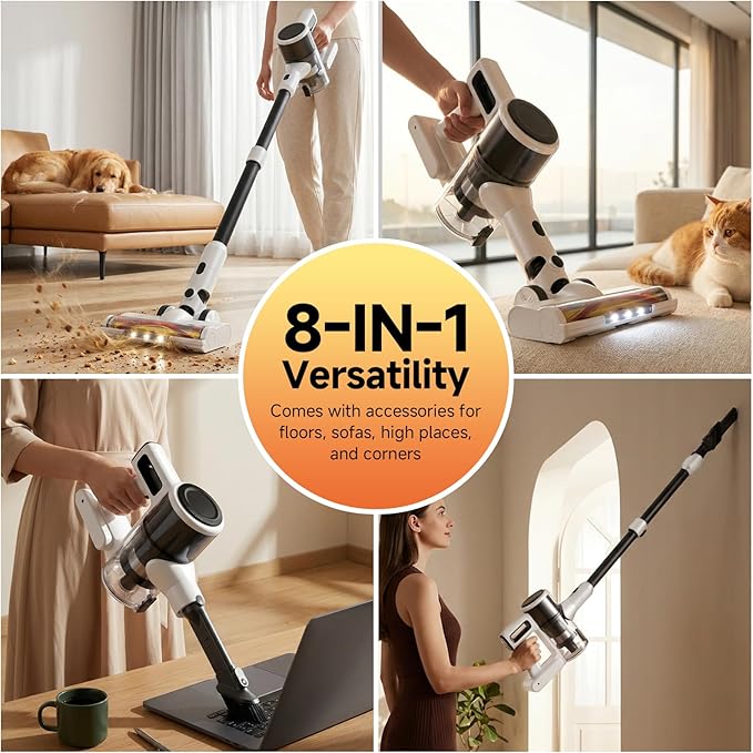 Cordless Vacuum Cleaner for Home - Lightweight Stick Vacuum Clean with Rechargeable Battery Max 45Mins Runtime 8 in 1 Handheld Vacuum for Hardfloor &amp Carpets Pet Hair White&ampYellow