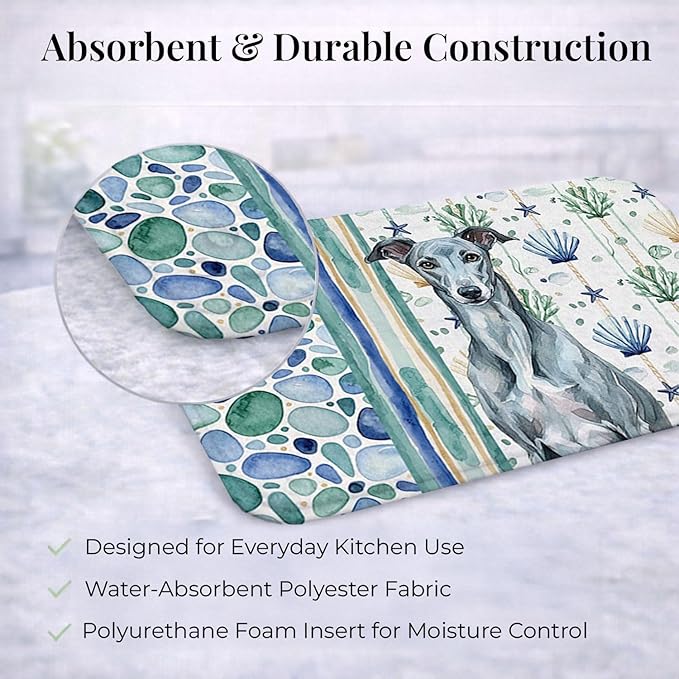 Caroline's Treasures Blue Brindle Greyhound Coastal Sea Glass Dish Drying Mat Absorbent Dish Drying Mat Pad for Kitchen Counter Dish Drainer Mat for Countertop 14 x 21 Multicolor