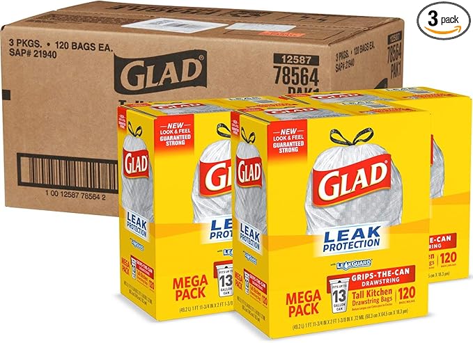 Glad Tall Kitchen Drawstring Trash Bags - 13 Gallon - 120 Count - 3 Boxes/Case