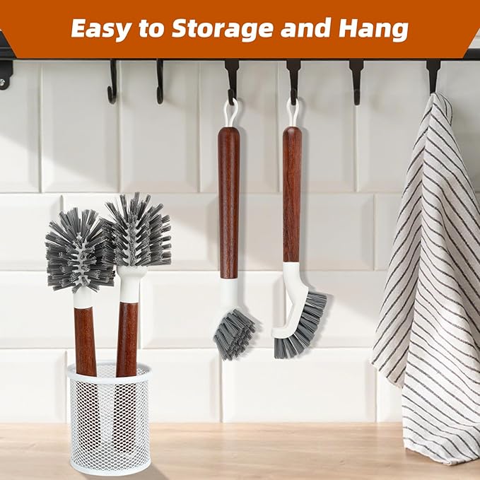 4-Pack Heavy Duty Scrub Brushes with 11 Sapele Wood Handle – PBT Bristles &amp TPR Loop – Kitchen Bathroom Grout Dish &amp Tile Cleaner – Durable Non-Slip Multi-Surface Cleaning Brush Set