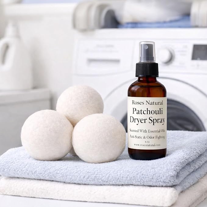 Wool Dryer Balls &amp Dryer Spray Bundle – 3 Reusable Dryer Balls + Plant-Based Essential Oil Dryer Spray Natural Fabric Freshener Anti-Static &amp Odor Fighting (Patchouli)