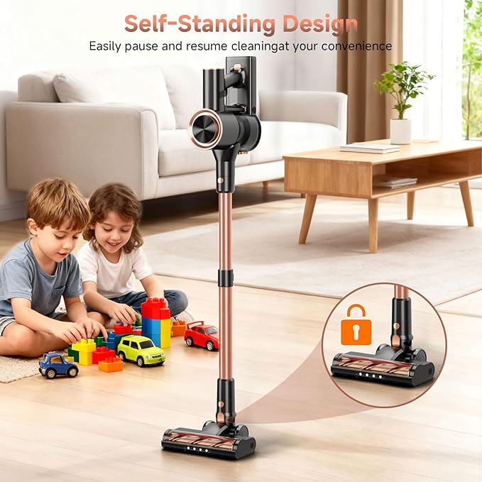 Cordless Stick Vacuum Cleaner - 45KPA Powerful Suction Vacuum with 45 Min Runtime Detachable Battery Anti-Tangle &amp 1.5L Dust Cup 8 in 1 Vacuum Cleaner for Pet Hair Carpet HardFloor Pink