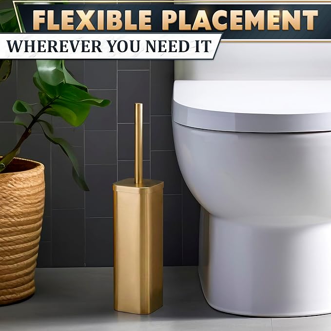 Gold Toilet Brush with Square Holder - Toilet Brush and Holder Set Gold Stainless Steel Handle with Splash Shield Replaceable Head and Removable Inner Cup - Freestanding Bathroom Toilet Cleaning Set
