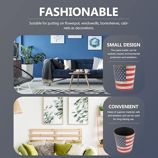 US American Flag Trash Can Vintage Wastebasket PU Leather Waste Paper Bin Decorative Garbage Can Waste Bucket for Home Office USA Flag Pattern