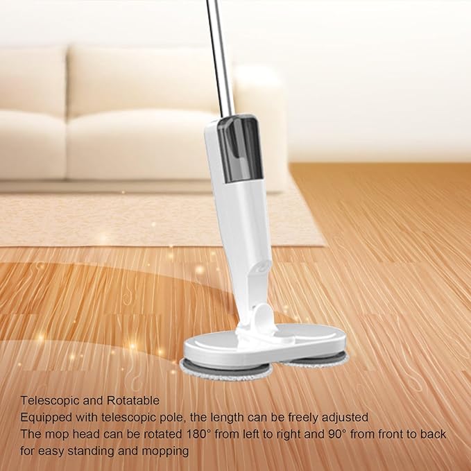 Electric Mop Lightweight Cordless with Water Sprayer Rechargeable 2000mAh Battery White - Quiet Operation Adjustable Length Ideal for Hardwood and Tile Floors (White)