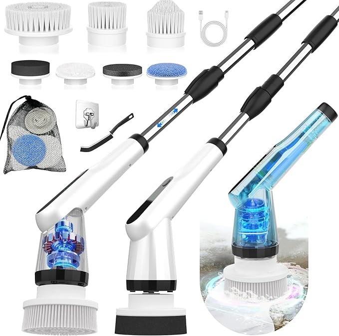 WKY-Electric Spin Scrubber - Upgraded 12-in-1 IPX7 Waterproof Shower Scrubber Retractable Handle &amp 2-Speed for Toilet Bathroom Bathtub Tile Floors