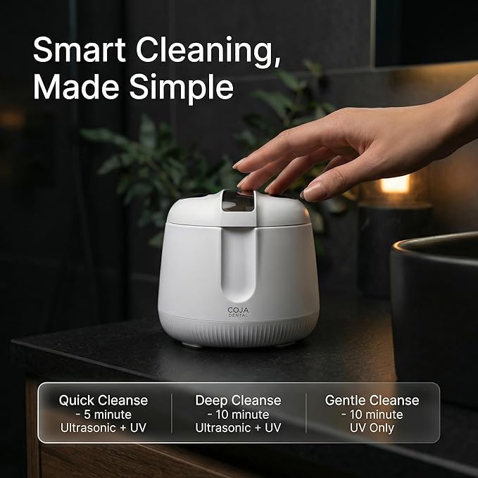 Retainer Cleaner Machine Pod PRO | 48kHz Ultrasonic Dental Pod for Mouthguard Dentures &amp Aligners | UV Light | 3 Cleaning Modes | Tablets Included