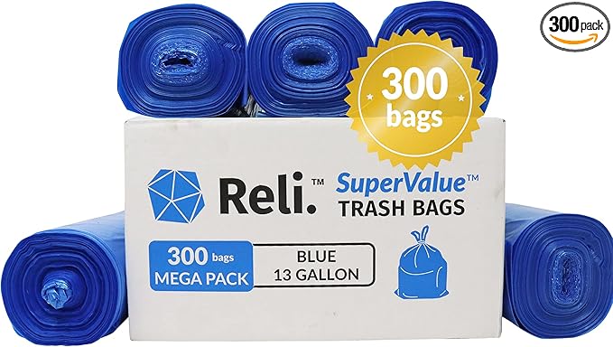 Reli. SuperValue 13 Gallon Recycling Bags | 300 Count | Tall Kitchen | Blue Trash Bags