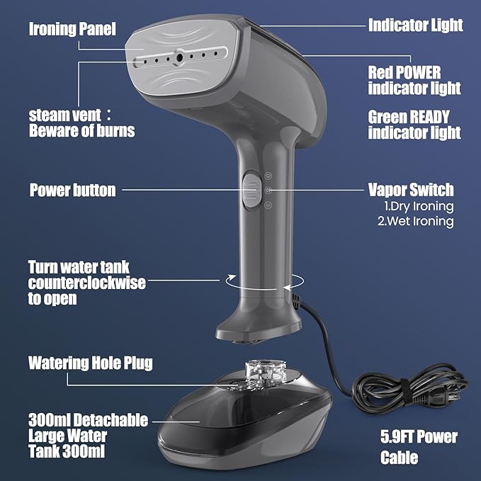 Powerful Handheld Fabric Steamer - 1800W with Fast Ceramic Heat-Up Plate 2-in-1 Ironing &amp Wrinkle Remover Steam Nozzle Lint Brush - Gray for US 120V Only