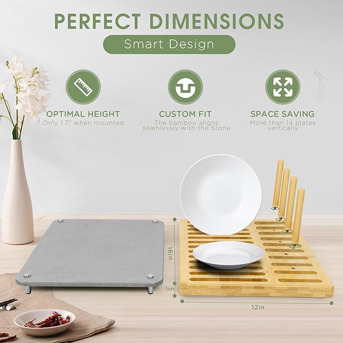 Sofort Stone Drying Mat for Kitchen Counter Quick Dry Ultra Absorbent Dish Drying Mat with Bamboo Rack Diatomaceous Earth Drying Pad for Dishes Plates Mugs 16″x12″
