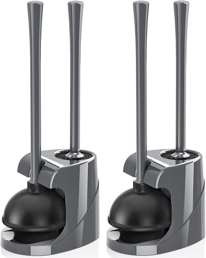 Toilet Plunger and Brush Bowl Brush and Heavy Duty Toilet Plunger Set with Ventilated Holder 2-in-1 Bathroom Cleaning Combo with Modern Caddy Stand for 5.7-inch Toilet Drain(Grey 2 Set)