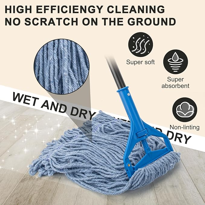 Commercial Industrial Mop with 3 Extra Large Reusable Replacement Head59 Long Handle Heavy Duty Wet MopsLooped-End String Cotton Mop for Floor CleaningHouseKitchenOfficeGarageTile(Blue)