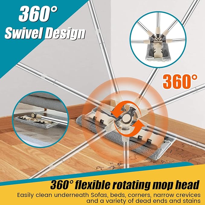 Microfiber Dust Mop with Adjustable Handle360 ° Rotating Floor Cleaning Mop with 3 Replacement Mop Pads Scraper 32inch Long Handle Flat Floor Mops Wet or Dry Microfiber Cleaning Mop for Floor