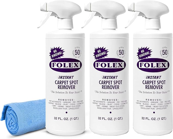 FOLEX Instant Carpet Spot Remover 32 oz – Powerful Stain Remover for Carpets Upholstery &amp Rugs – Eliminates Pet Stains Grease Red Wine Food Makeup &amp More – With Reusable Cleaning Cloth –